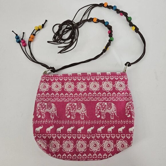 Casual BOHO Pink & White Shoulder Bag with Elephants and Colored Wooden Beads - Picture 3 of 14